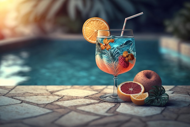 Cocktail auf dem Hintergrund des Pools Generative AI