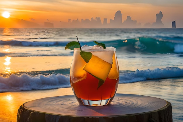 Cocktail auf einem Tisch mit der Skyline im Hintergrund