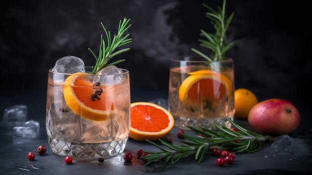 Cocktail aus Wodka und Sprite mit reifen Früchten und Rosmarin Illustration AI GenerativexA