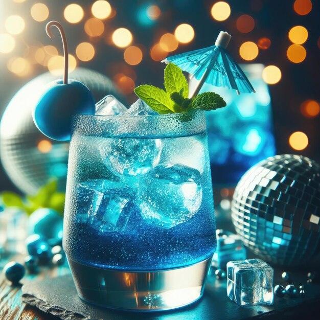 Cocktail azul frío con bola de discoteca