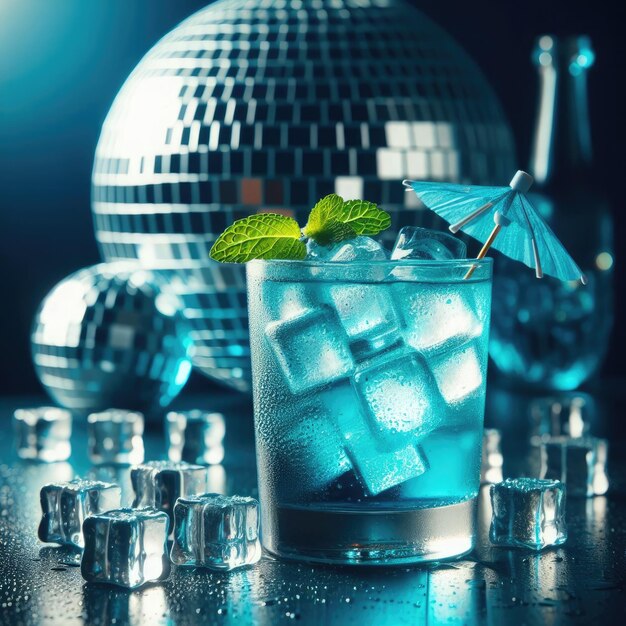 Cocktail azul frío con bola de discoteca