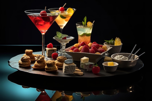 Cocktail combinado com aperitivos gourmet