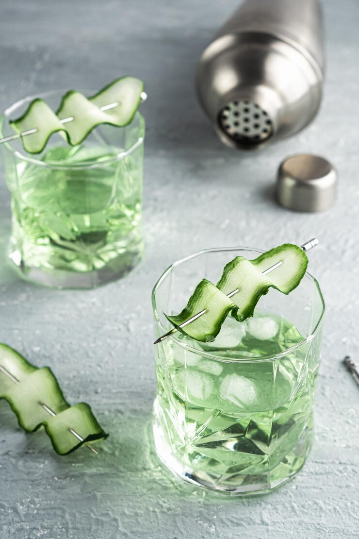 Foto cocktail de álcool com pepino derramando de shaker em copo de uísque com cubos de gelo coctail de verão