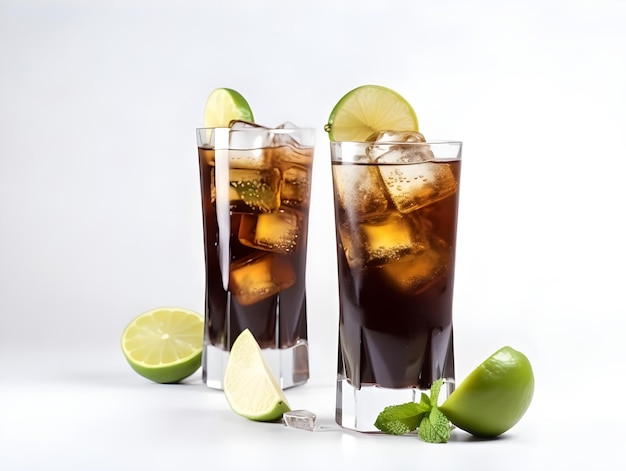 Cocktail de álcool Cuba libre com rum dourado suco de limão cola limão e gelo gerado por IA