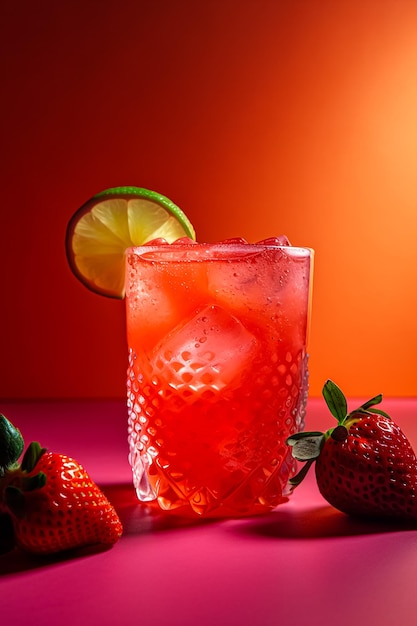 Cocktail de margarita de morango em um fundo rosa Generative AI