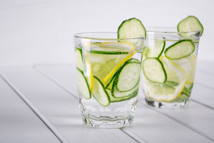 Foto cocktail de pepino refrescante, limonada, água de desintoxicação em um óculos em uma superfície branca bebida de verão.