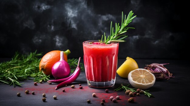 Foto cocktail de suco vermelho vibrante com ervas e especiarias em fundo de pedra escura