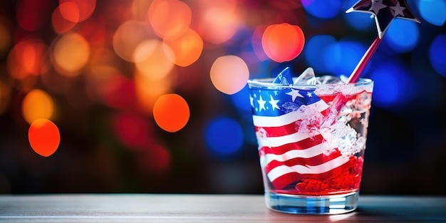 Cocktail de verão colorido no balcão do bar sobre a bandeira dos Estados Unidos