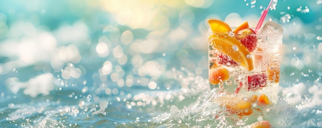 Cocktail in einem Glas auf einem sonnigen Strand mit funkelndem Wasser Hintergrund-Banner