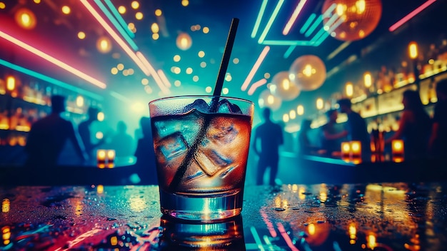 Cocktail in einer Bar mit selektivem Fokus auf das eisige Getränk und das Glas