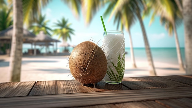 Foto cocktail-kokosnuss auf dem strand-hintergrund generative ki
