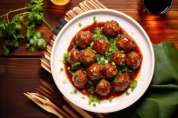 Cocktail-Meatballs mit Bier zum Abendessen zu Hause mit gemütlichem Speisebereich im Hintergrund