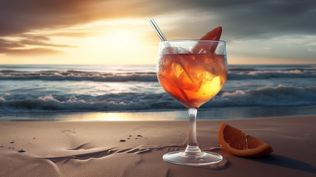 Cocktail mit einer Orangenscheibe auf einem Holztisch vor dem Meer