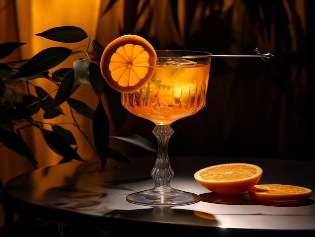 Foto cocktail mit frischer orange auf licht und schatten in der nachtbar