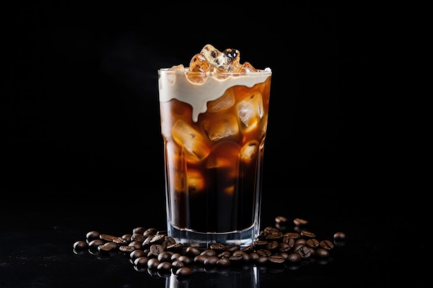 Cocktail mit Kaffeemilch und Eiswürfeln auf schwarzem Hintergrund
