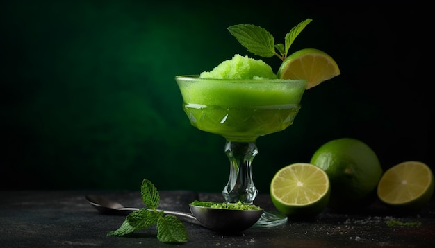 Cocktail mit Limette, Eis, Frucht, Minze und Alkohol. Erfrischendes Sommergetränk, erzeugt durch künstliche Intelligenz