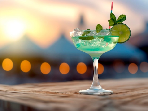Cocktail mit Limette und Minze am Strand bei Sonnenuntergang