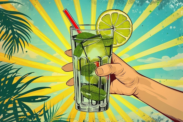 Cocktail mit Limette und Minze in der Hand Vektorillustration