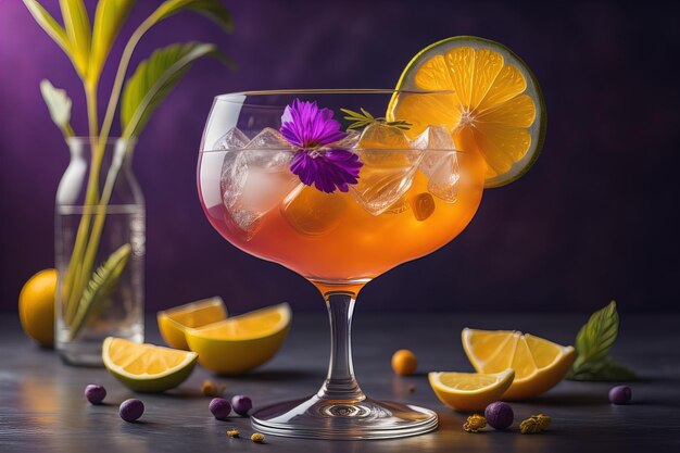 Cocktail mit Orange, Zitrone und Eis auf einem dunklen Hintergrund generativ ai