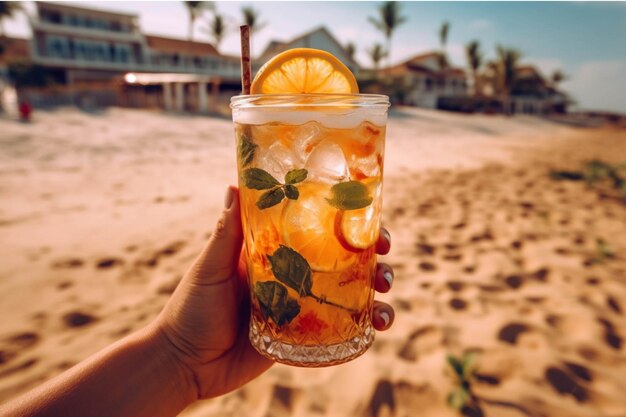 Cocktail mit Orangenminze und Eis am Strand