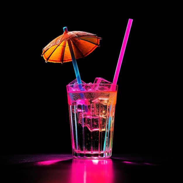 Cocktail mit Stroh und Regenschirm Neonfarbe 90er-Jahre-Stil Urlaubsparty oder Urlaub