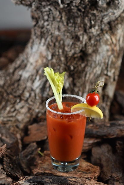 Cocktail mit Wodka und Tomatensaft Bloody Mary auf dem Hintergrund der Baumrinde