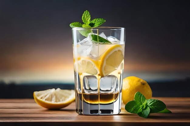 Cocktail mit Zitronenscheiben, Eiswürfeln und Minze