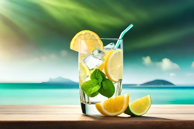 Cocktail mit Zitronenscheiben, Eiswürfeln und Minze