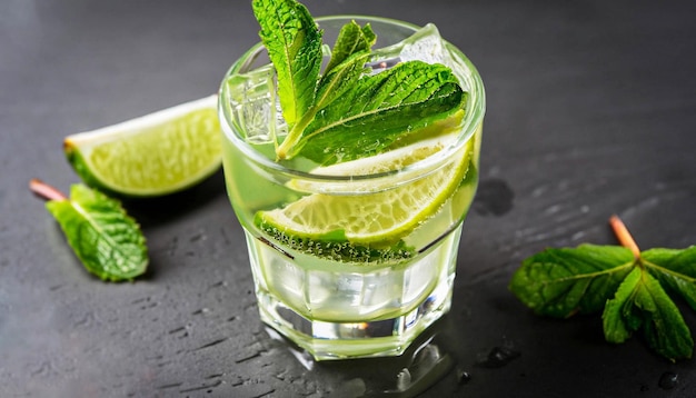 Cocktail-Mojito mit Eis in einem Glas, Limettenblatt-Minz-Shaker, Eiswürfeln und Metallstroh auf dunklem Hintergrund