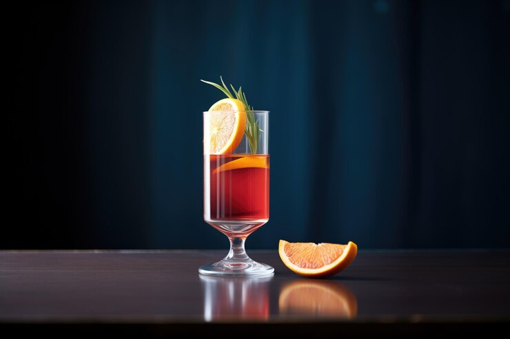 Cocktail de naranja sangre reflejo prominente en el vidrio