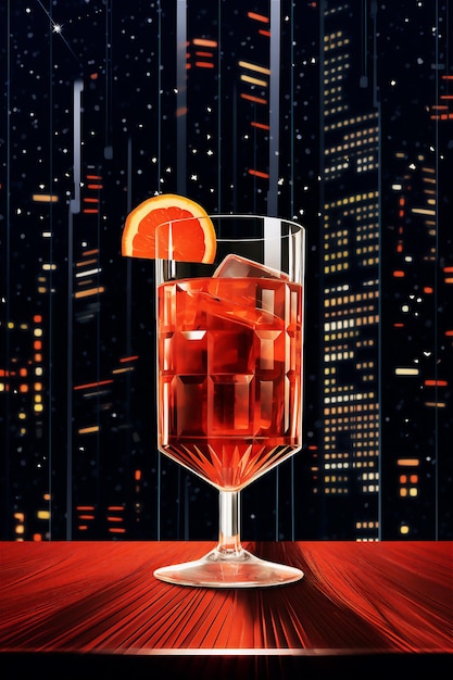 Cocktail Negroni mit Eis und Orangenschale in hohem Vintage-Retro-Kristallglas an der Bar