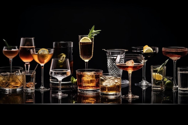 Cocktail-Sortiment auf dunklem Hintergrund klassisches Getränkenmenü Konzept Kopie Raumpanorama