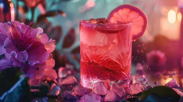 Cocktail vibrante com gelo e flores cor-de-rosa à noite Um cocktail incrivelmente vibrante com gelo adornado com flores rosas e uma fatia de laranja em um cenário noturno colorido e iluminado