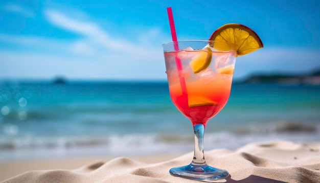 Cocktailglas am Sandstrand in Meeresnähe im Sommer Generative KI