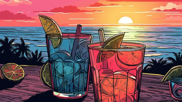 Cocktails auf einem Strand-Hintergrund Fantasie-Konzept Illustrationsgemälde