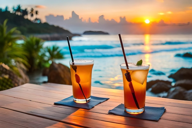 Cocktails auf einem Tisch mit dem Meer im Hintergrund.