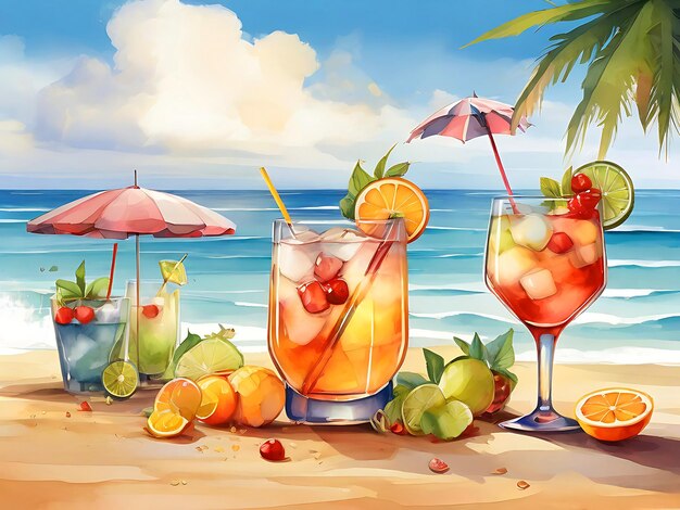 Cocktails en un fondo de playa Pintura de ilustración