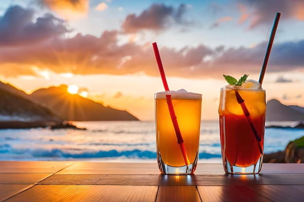 Cocktails in einer Bar mit Sonnenuntergang im Hintergrund.