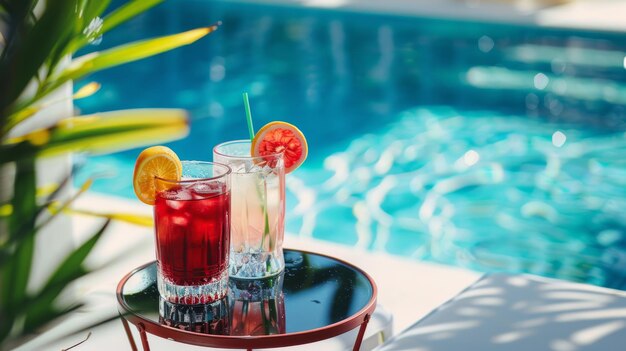 cocktails refrescantes de verão em copos contra o fundo da piscina conceito tudo incluído