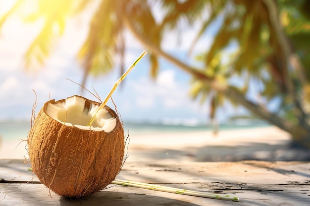 Coco aberto com palha na mesa com vista tropical borrada