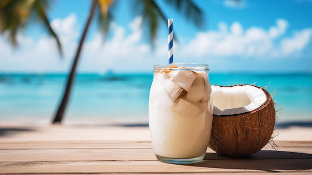 Un coco abierto con una paja contra un fondo oceánico de playa tropical de arena