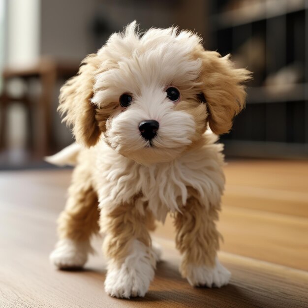 Foto coco un adorable cachorro blanco y bronceado mini bernadoodle pixie salpicado con magia de pixar