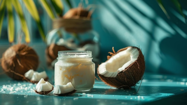 Un coco agrietado junto a un frasco de aceite de coco tesoro de la isla