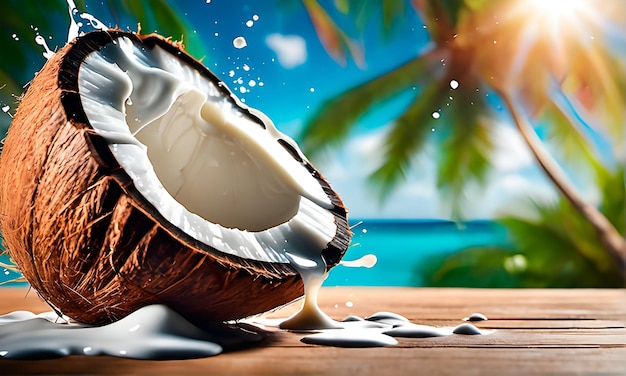 Coco agrietado con salpicaduras de leche salpicaduras de leche de coco sobre fondo tropical borroso