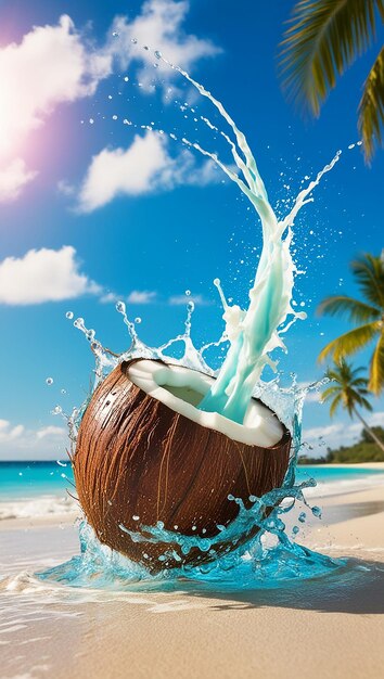 un coco con agua salpicando contra un fondo azul brillante