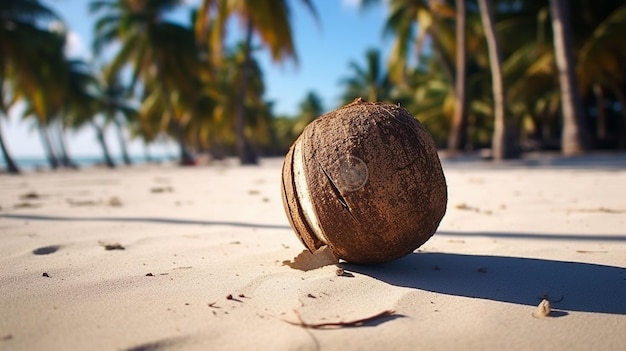 coco castanho em praia de areia Praia tropical Dia Mundial do Coco