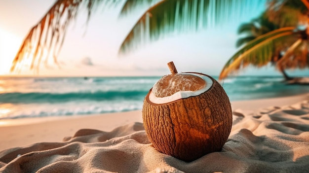 Coco castanho quebrado na praia de areia Praia tropical Dia Mundial do Coco
