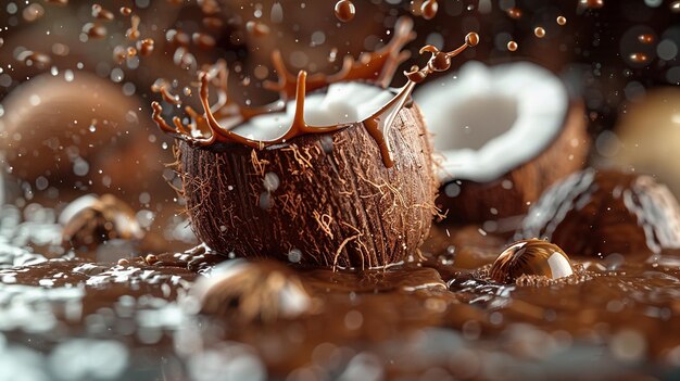 un coco con chocolate y gotas de agua en el fondo