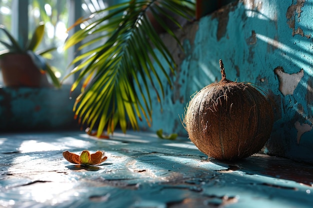 un coco y un coco en una mesa con un árbol en el fondo