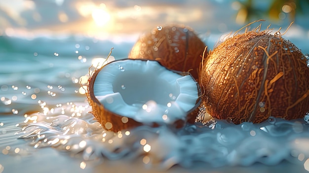 Un coco colocado sobre un tronco de madera a la deriva arrastrado a la orilla por las suaves olas del océano